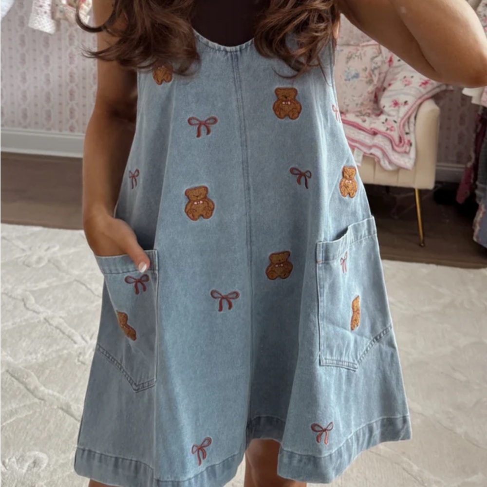 Denim Dress with Teddy Bear Embroidery